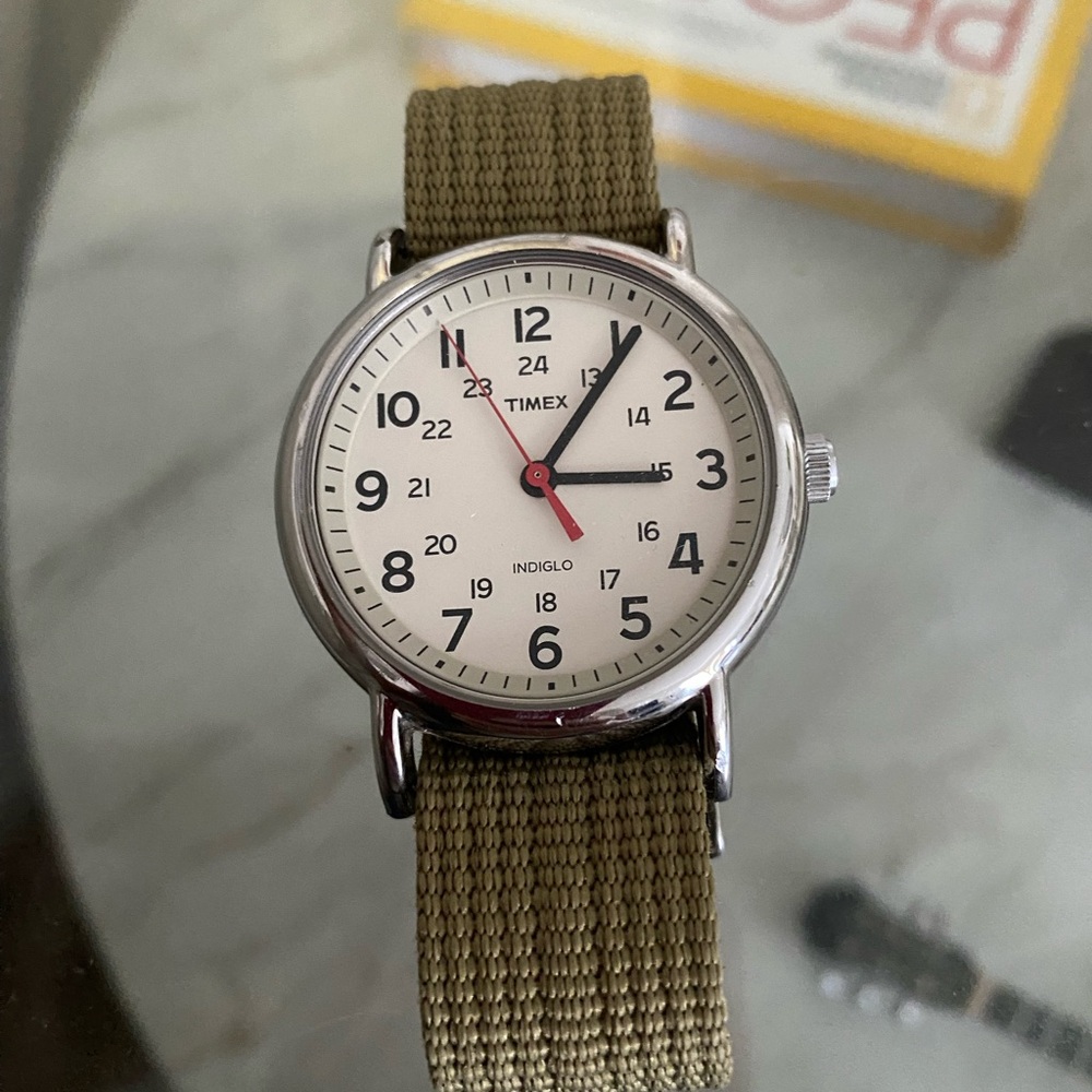 Timex Silver Watch with Olive Green Strap